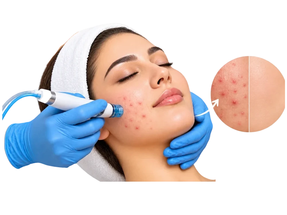 Acne facial treatment with before and after inset