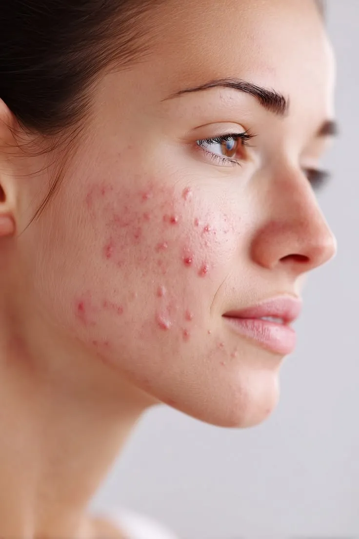 Woman with active acne on her cheek