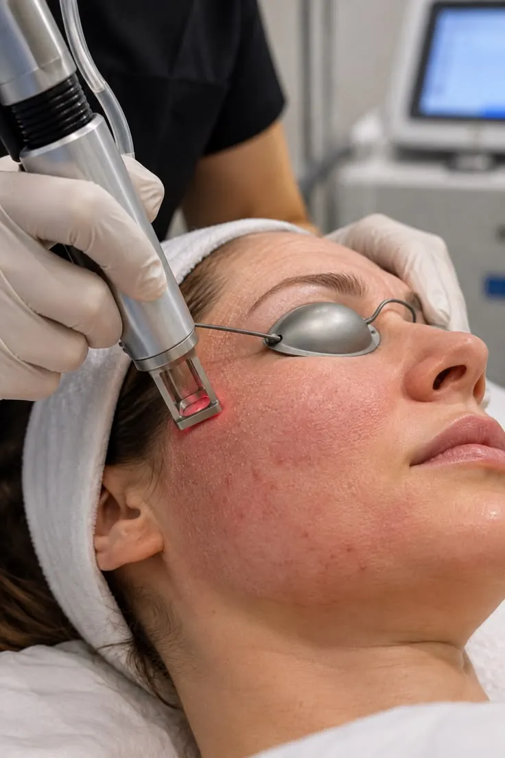 Fractional CO2 laser handpiece treating a woman's face