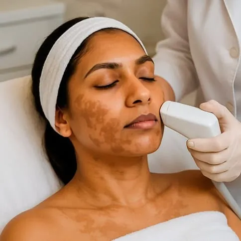 Woman receiving laser pigmentation treatment on her face