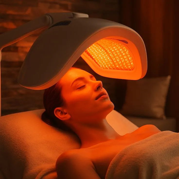 Woman relaxing under an LED light therapy panel