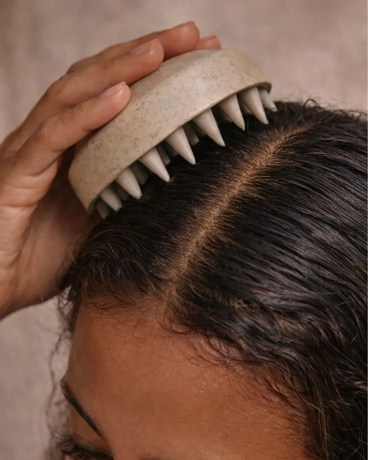 Scalp massager parting hair during a scalp treatment