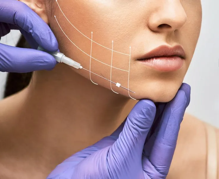 Lift lines marked along a woman's jawline for a thread lift